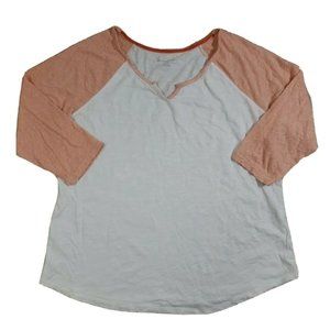 Lane Bryant Women's 14 / 16 Plus Size Raglan T Shirt Peach White Keyhole Neck